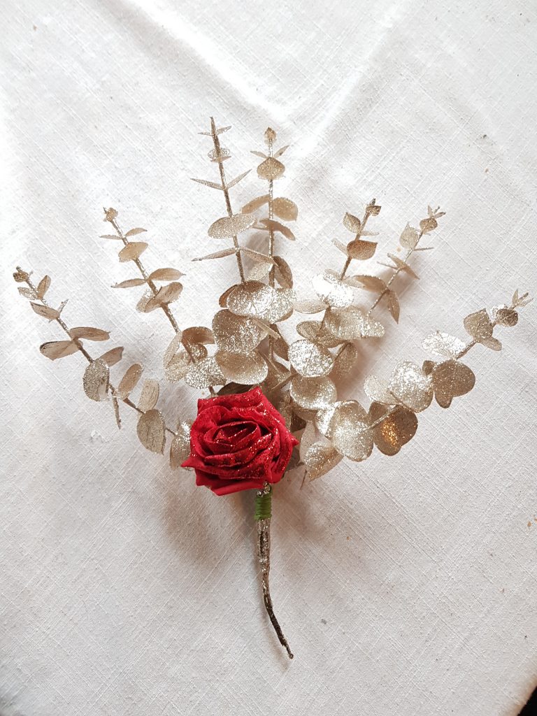  Gold Eucalyptus Picks with Red Glitter Rose Christmas 